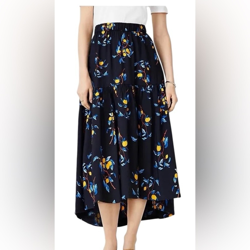 Ann Taylor Lemon Vine Tiered Skirt Sz XS Hi Lo Full Skirt Navy Blue Casual